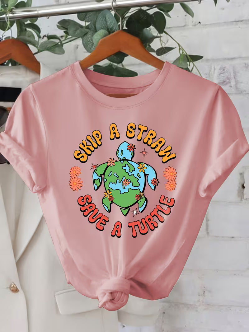 “Skip a Straw Save a Turtle” Earth Day Graphic T-Shirt