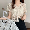 Women Short Sleeve Lace Crochet Knit Cardigan