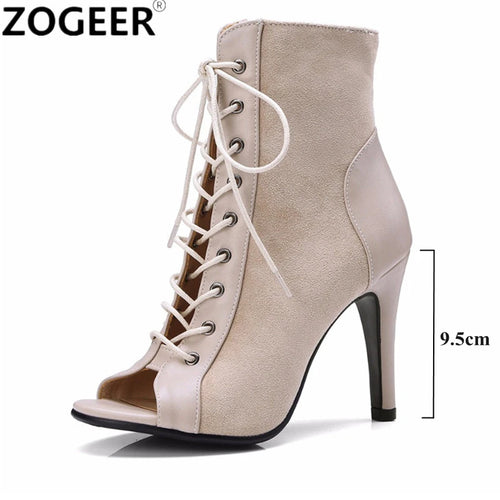 Black Summer High Heels Ankle Boots For Women 2025 Spring Peep Toe Lace Up Pumps Party Jazz Dance Shoes Suede Ladies Large Size