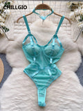 CHILLGIO Women Sexy Erotic Lace Strappy Rompers Lingerie Fashion Elastic Slim Bodysuits Solid Catsuits One Piece Tight Onesie