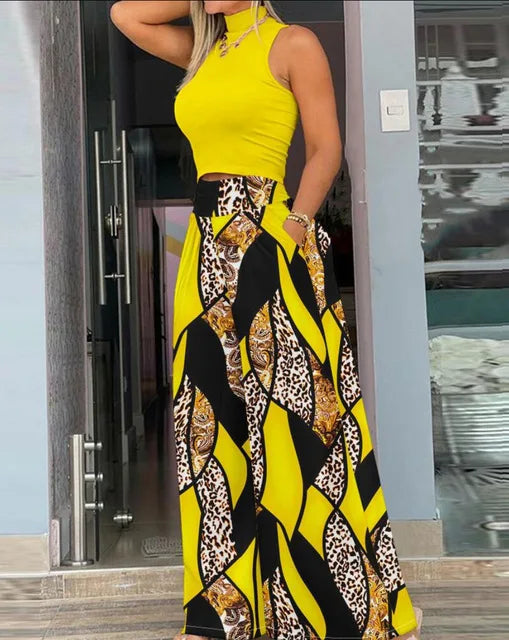 2025 Summer Fashion Printing Two Piece Set Women Casual Solid Sleeveless Tank Top Wide Leg Pants Two Piece Set Women