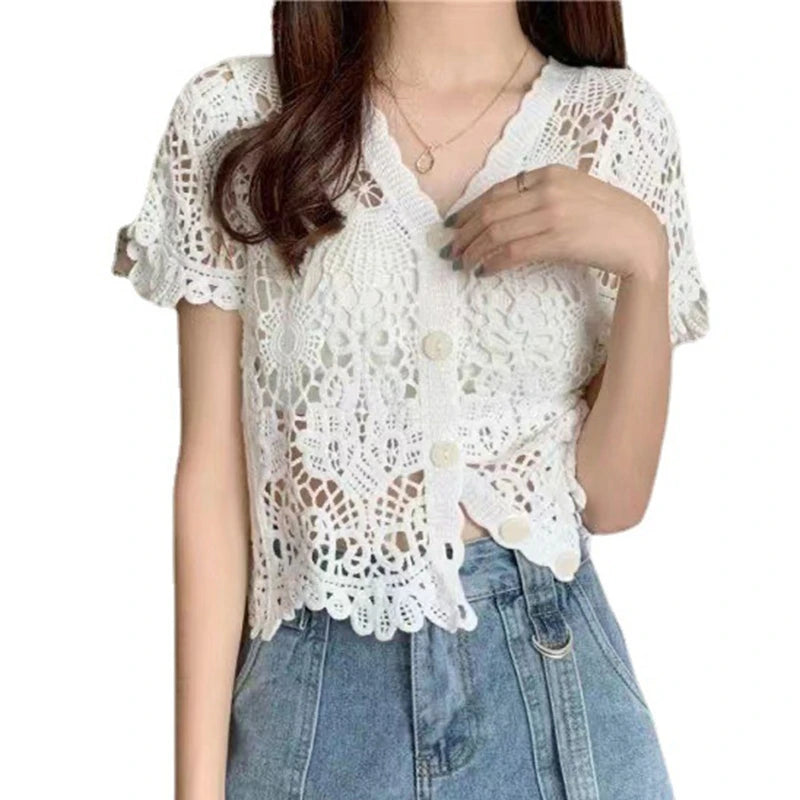 Women Short Sleeve Lace Crochet Knit Cardigan