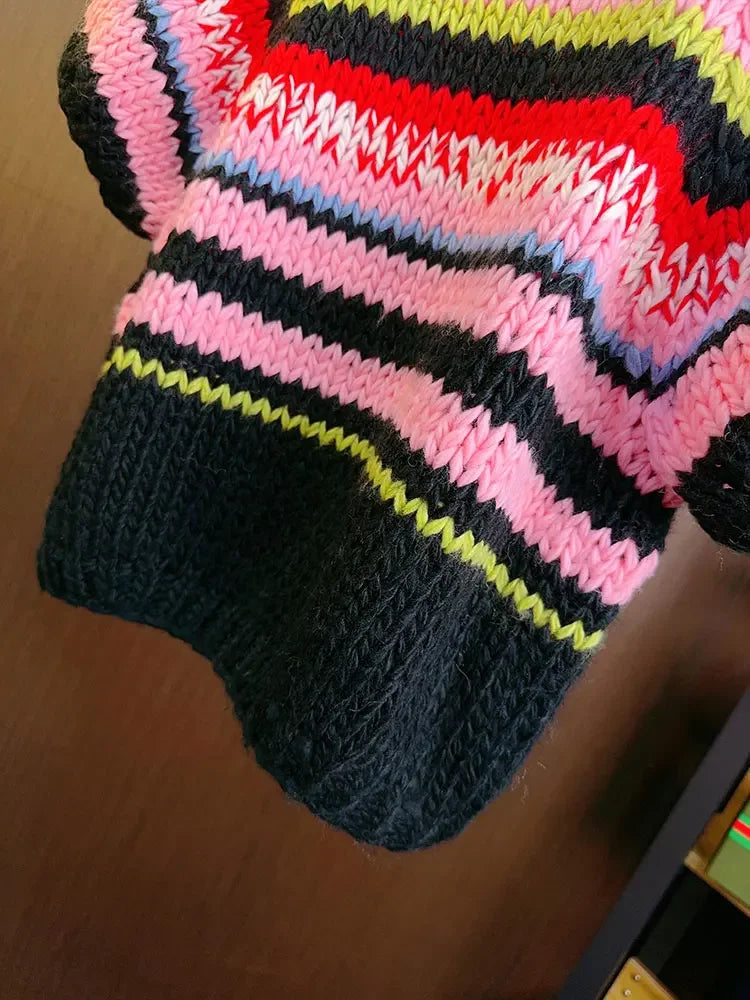 Multicolor Striped Handmade Jumper Sweet Rainbow Wool Blended Color Block Knit Tee Short Sweater Autumn/Winter Woman Knitwear