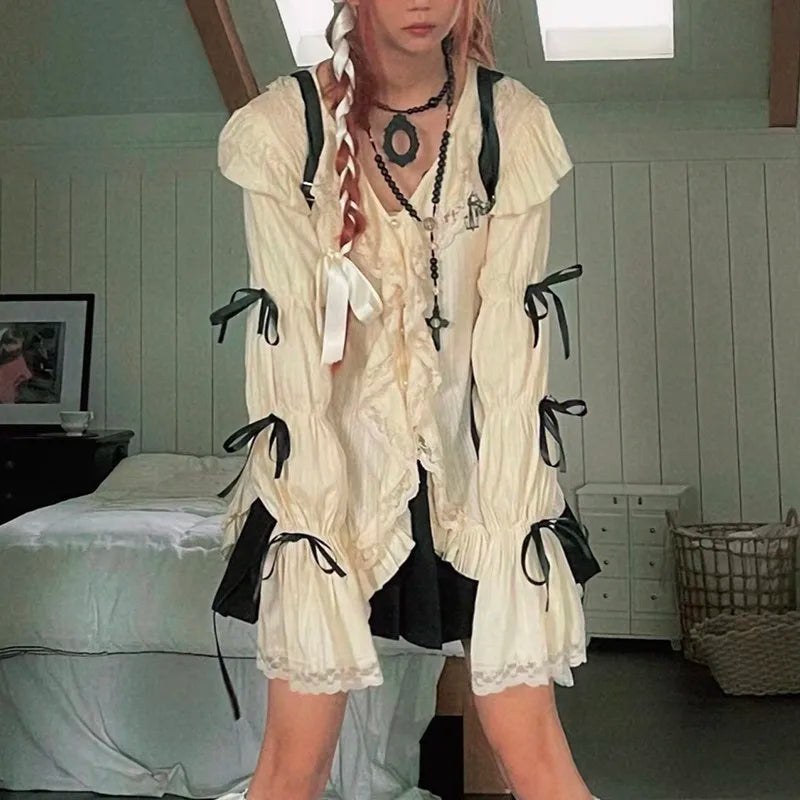 Karrram Y2k Aesthetics Lace Shirt Grunge Gothic Irregular Blouses Fairy Harajuku Bandage Shirt Vintage Lolita Clothes Mall Goth