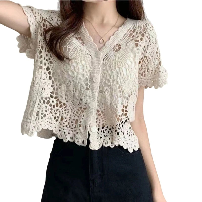 Women French Style Short Sleeve Lace Shrug Hollow Out Crochet Knit  Cardigan V-Neck Button Down Sheer Crop for Jac