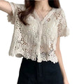 Women French Style Short Sleeve Lace Shrug Hollow Out Crochet Knit  Cardigan V-Neck Button Down Sheer Crop for Jac