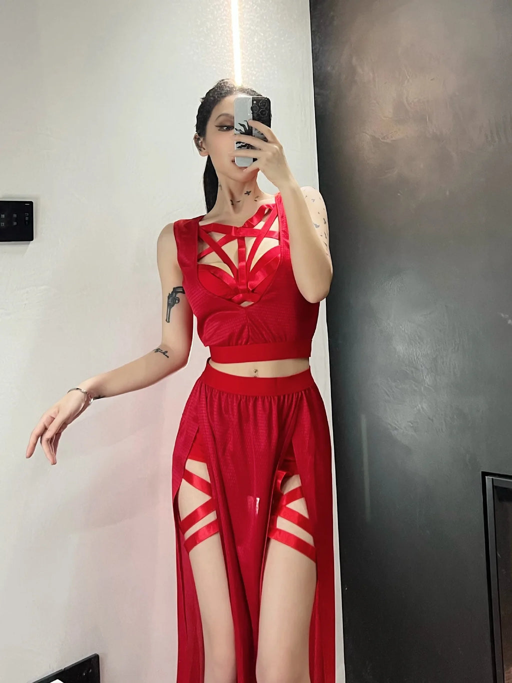 Goth Club Mesh Sexy Summer Corsets Skirt Set Women Sleeveless Black Crop Bra Top Bandage Underpants Slit Skirt 4pcs Sets