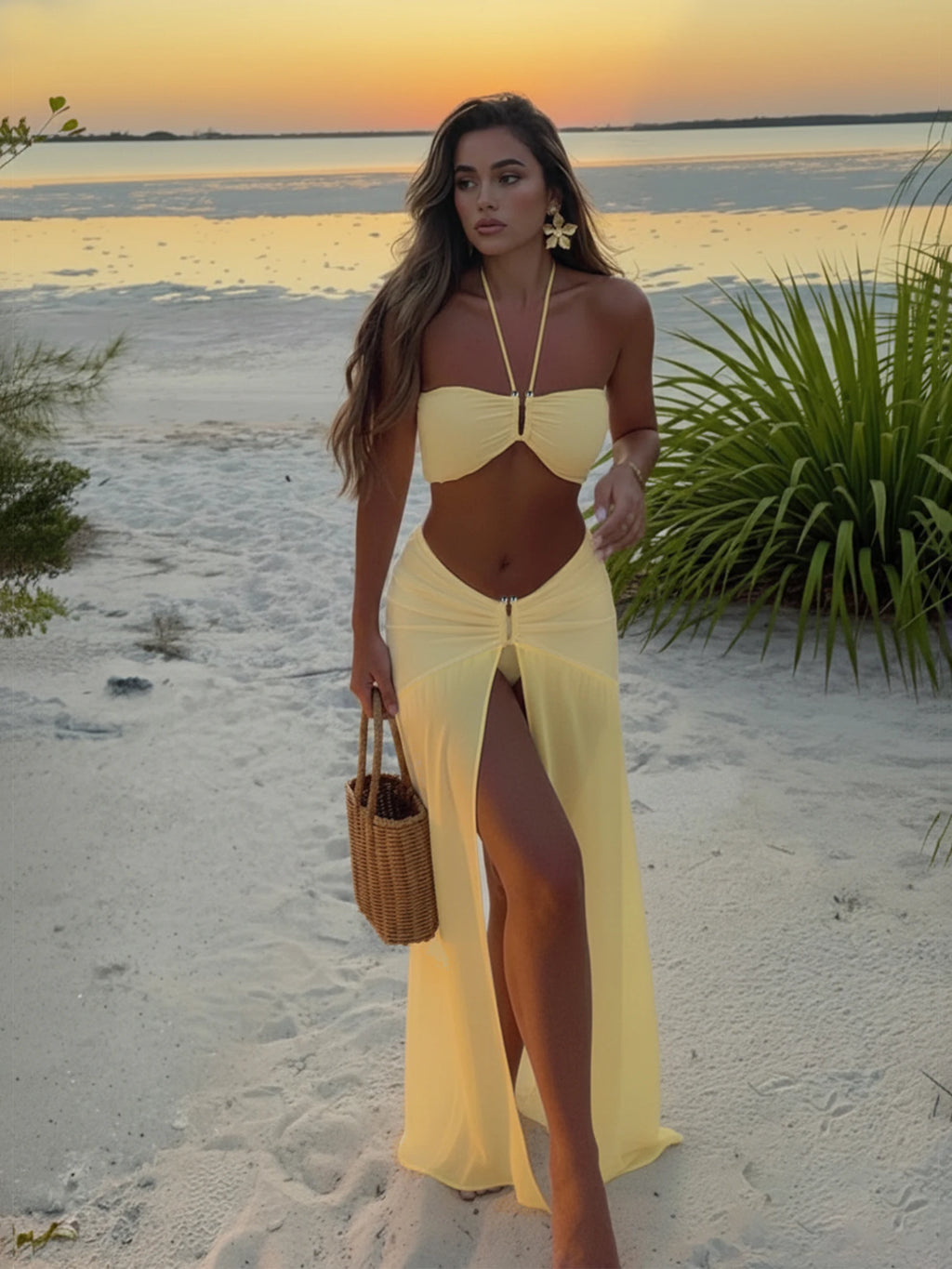 Halter Neck 3 Piece Bikini Set with Sheer Split Maxi Skirt Sexy White Summer Beach Dress Vacations Outfits Pool Party Wear K236