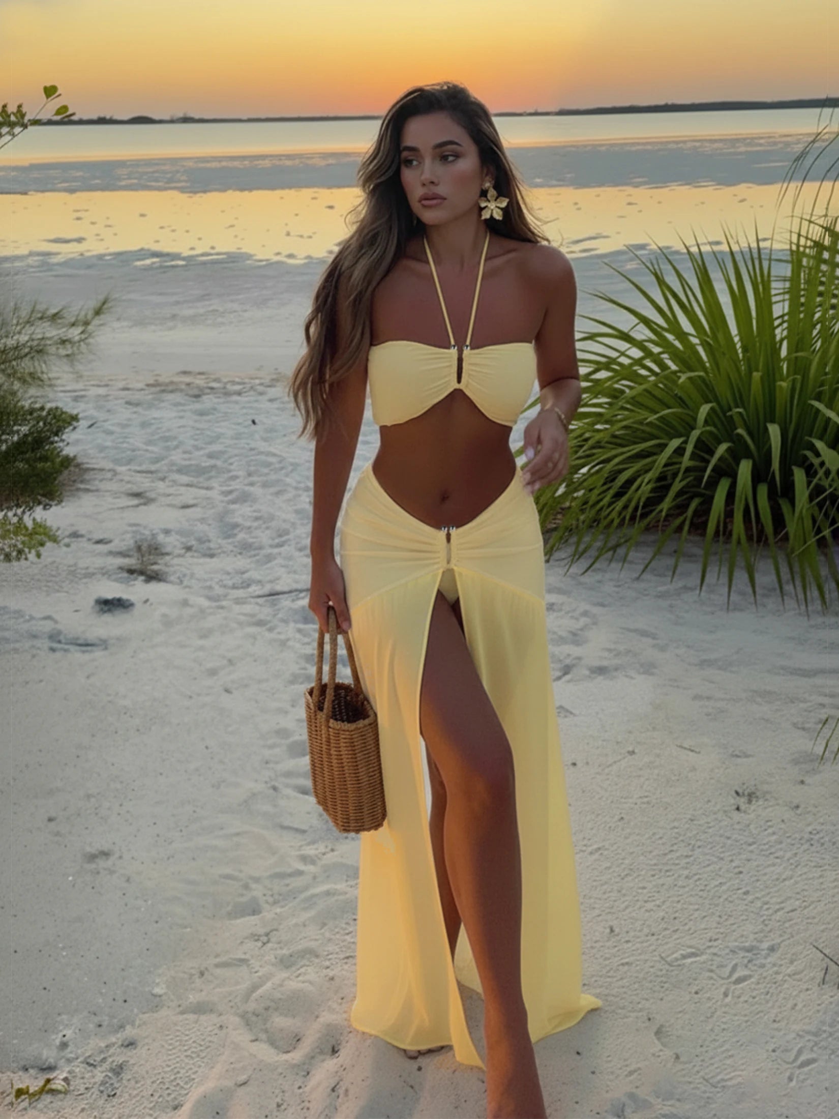 Halter Neck 3 Piece Bikini Set with Sheer Split Maxi Skirt Sexy White Summer Beach Dress Vacations Outfits Pool Party Wear K236
