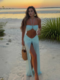 Halter Neck 3 Piece Bikini Set with Sheer Split Maxi Skirt Sexy White Summer Beach Dress Vacations Outfits Pool Party Wear K236