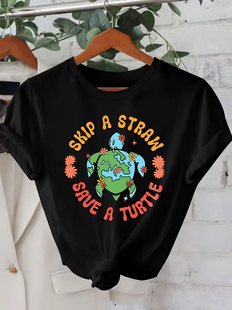 “Skip a Straw Save a Turtle” Earth Day Graphic T-Shirt