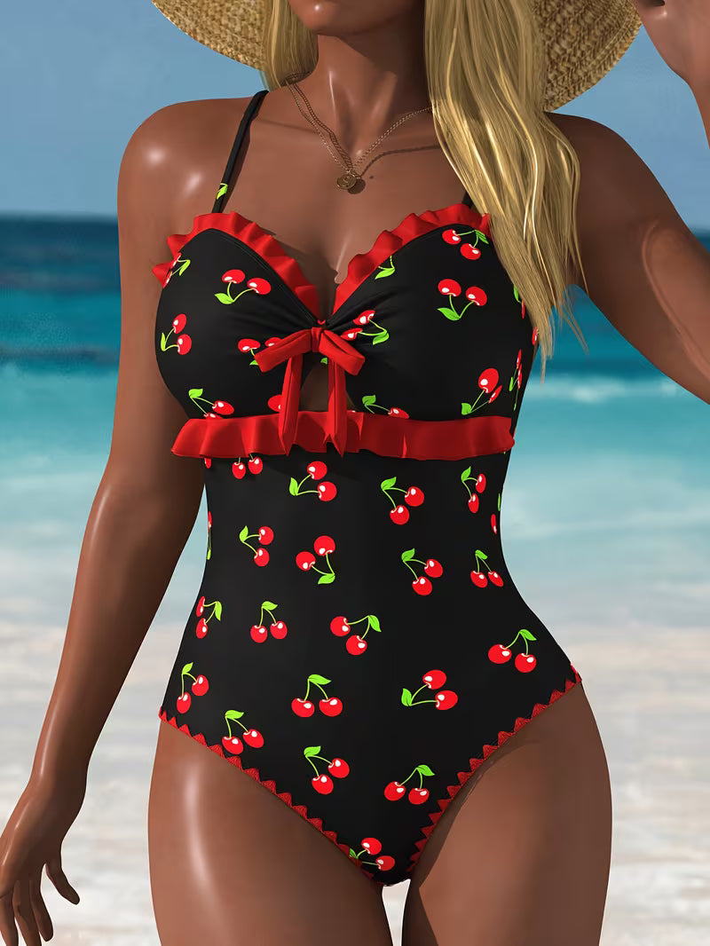 Vintage French-Style Cherry Print Swimsuit