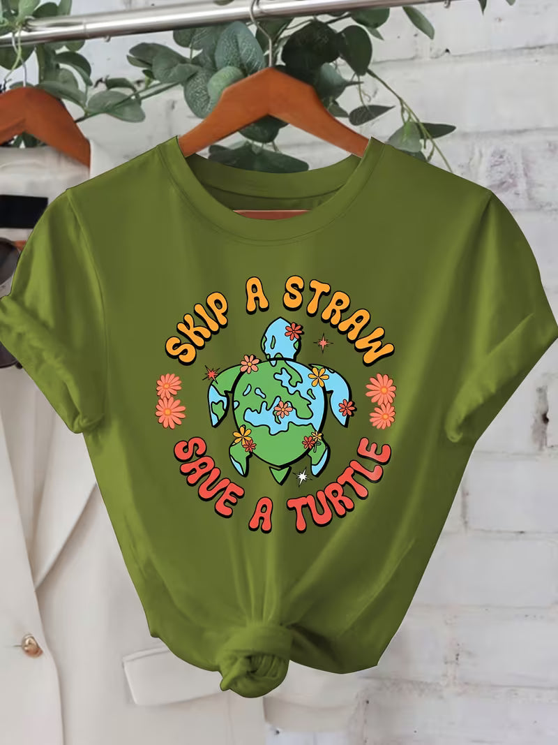 “Skip a Straw Save a Turtle” Earth Day Graphic T-Shirt