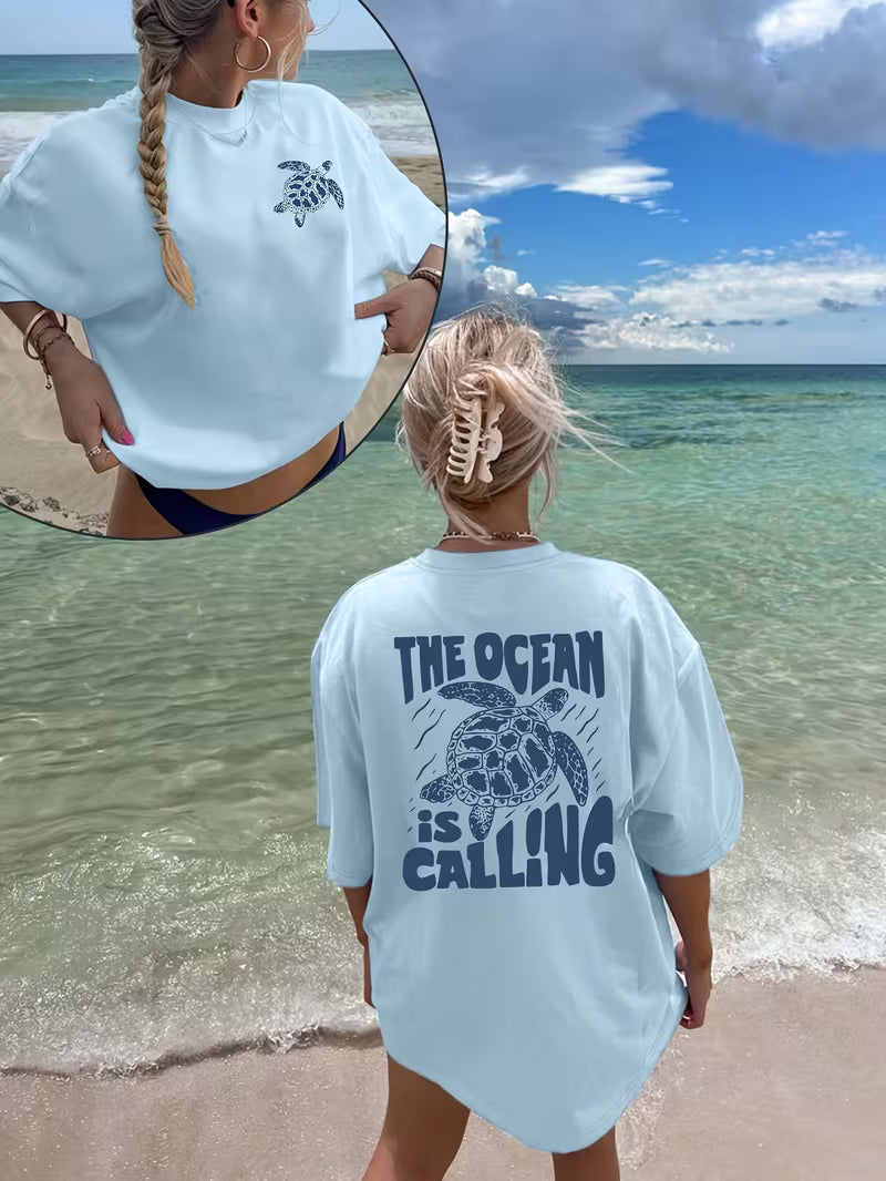 “The Ocean Is Calling” Reversible Turtle Print T-Shirt