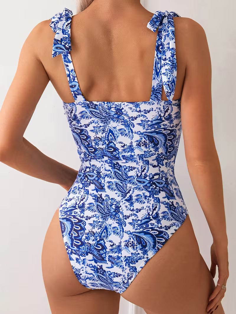 Blue Floral Side-Tie Swimsuit